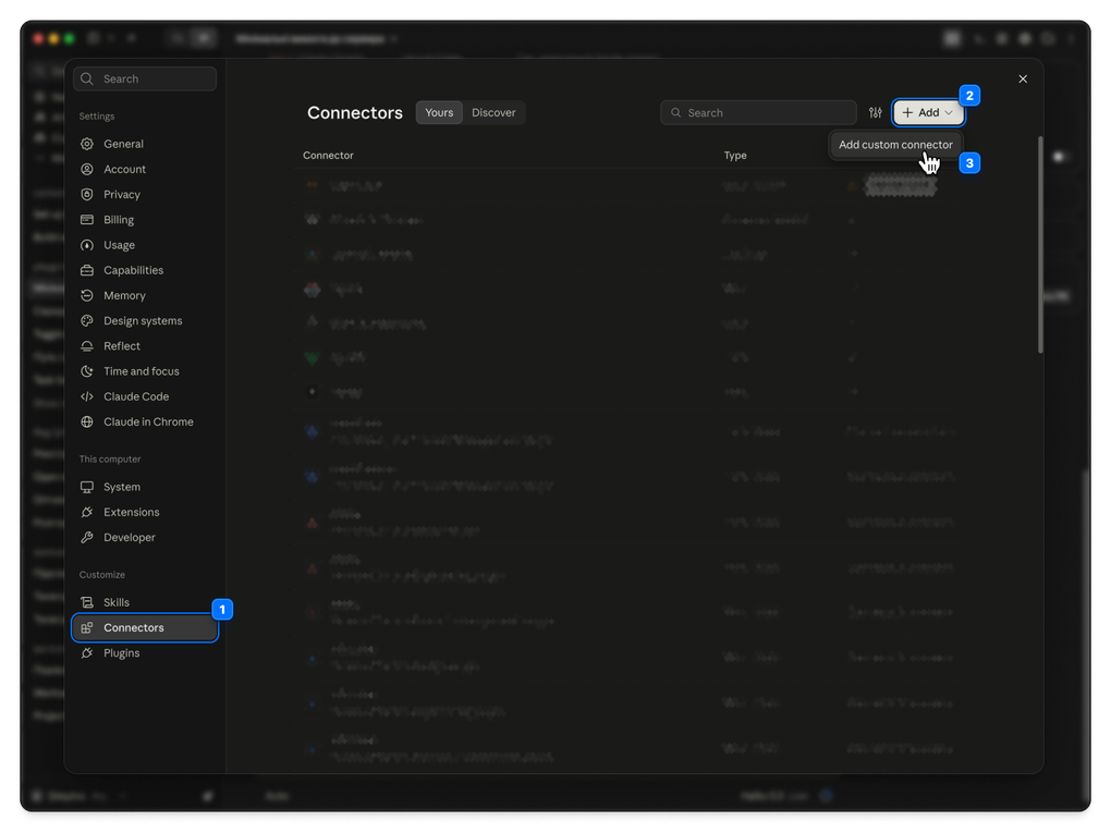 Claude: Settings → Connectors